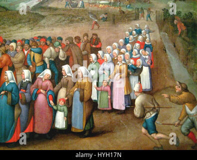 Questo dettaglio di un'opera attribuita al Circolo di Pieter Brueghel il giovane mostra gli elementi caratteristici dello stile dell'artista, come paesaggi dettagliati, contadini e scene della vita quotidiana. I seguaci di Brueghel continuarono la sua tradizione di pittura di genere, concentrandosi sulla vita sociale e sulle lezioni morali. Foto Stock