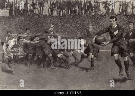 La partita di rugby del 1905 tra Inghilterra e All Blacks (nuova Zelanda) è un evento significativo nella storia del rugby, in quanto gli All Blacks sconfissero l'Inghilterra in una notevole dimostrazione di abilità e dominio. La partita è ricordata come un classico dello sport. Foto Stock