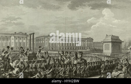 L'esecuzione di Luigi XVI, un evento iconico durante la Rivoluzione francese, raffigura il momento in cui il re di Francia fu giustiziato con la ghigliottina. Questo significativo evento storico simboleggiò la fine della monarchia e l'ascesa della Repubblica francese. Foto Stock