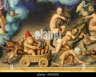 Il dettaglio *giudizio universale* di Lucas Cranach il Vecchio, creato intorno al 1525-1530, mostra una potente rappresentazione del giudizio finale. L'uso da parte dell'artista di dettagli intricati e colori vivaci esalta l'impatto emotivo di questa scena biblica, un soggetto chiave dell'arte religiosa rinascimentale. Foto Stock