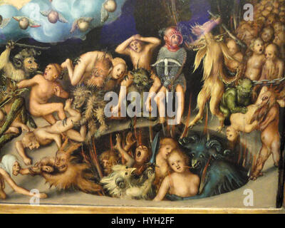 Questo dettaglio tratto da *il giudizio universale* di Lucas Cranach il Vecchio, dipinto intorno al 1525-1530, raffigura una scena del giorno del giudizio biblico. Il pezzo fa parte della collezione del Nelson-Atkins Museum of Art Foto Stock