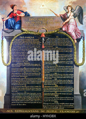 La "dichiarazione dei diritti dell'uomo e del cittadino" fu un documento fondamentale della Rivoluzione francese, che affermava i principi di uguaglianza, libertà e fraternità. Ha gettato le basi per i diritti umani moderni e influenzato i movimenti democratici in tutto il mondo. Foto Stock