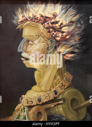 Il "fuoco" di Giuseppe Arcimboldo fa parte della sua famosa serie di ritratti realizzati con oggetti naturali. Questa opera combina elementi legati al fuoco, come fiamme e brace, in un ritratto, che mostra l'approccio innovativo di Arcimboldo alla ritrattistica e il suo uso simbolico della natura. Foto Stock