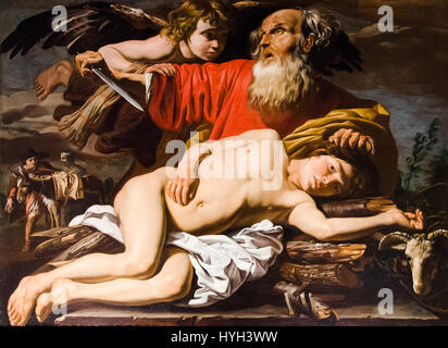 "Le Sacrifice d'Abraham" di Matthias Stom ritrae la storia biblica della devozione di Abraham, catturando il momento del sacrificio con una luce drammatica e un'intensità emotiva, un segno distintivo dello stile barocco di Stom. Foto Stock
