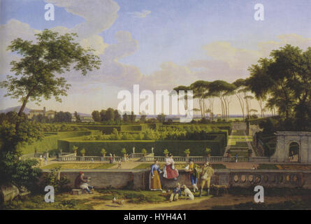 La "Villa Doria" di J.C. Reinhart è un dipinto paesaggistico del XIX secolo che cattura la grandezza della Villa Doria Pamphili a Roma. L'opera enfatizza i lussureggianti giardini, le caratteristiche architettoniche e il paesaggio circostante della villa, riflettendo l'attenzione dell'era romantica sulla natura e la grandezza. Foto Stock