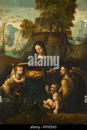 Una riproduzione della "Vergine delle rocce" di Leonardo da Vinci, che mostra la composizione serena e l'uso dettagliato della luce e dell'ombra, riflettendo gli ideali rinascimentali dell'arte religiosa e del naturalismo. Foto Stock