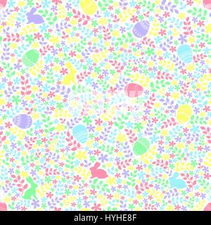 Vettore di pasqua dolce senza giunture carino pattern con uova decorate e sagome di conigli pasquali circondato da elementi naturali (fiori, foglie e ramoscelli Illustrazione Vettoriale