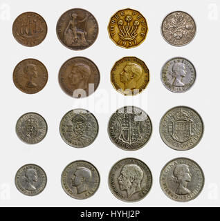 Gruppo isolato di pre decimale delle monete in inglese Foto Stock