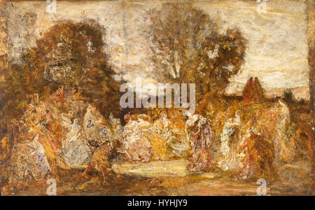 Il dipinto "Ladies in a Garden" di Adolphe Joseph Thomas Monticelli mette in mostra il suo uso distintivo di colori vividi e pennellate espressive, catturando i momenti piacevoli delle donne aristocratiche in un ambiente lussureggiante e all'aperto. Foto Stock