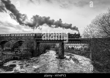 Serbatoio del motore soffi lungo la East Lancashire railway. ELR. Brooksbottom viadotto sul fiume Irwell. Foto Stock