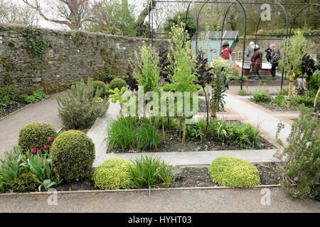 I visitatori che desiderano intorno alle erbe e patch di vegetali in primavera presso il National Botanic Garden of Wales, Carmarthenshire UK KATHY DEWITT Foto Stock