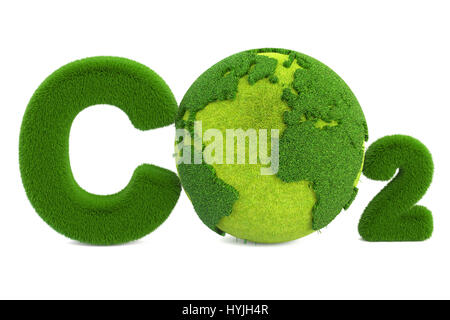 CO2 da erba iscrizione con Globe, il concetto di eco. 3D rendering isolati su sfondo bianco Foto Stock