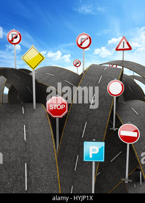 Aggrovigliato, affollato, strade caotiche e molti segni di traffico. 3D illustrazione Foto Stock