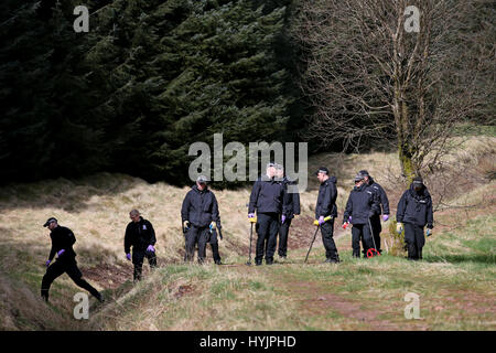 La polizia cerca bosco in prossimità di Roberton in South Lanarkshire dopo che la polizia scozzese ha lanciato un appello per le nuove informazioni in relazione alla scomparsa di Emma Caldwell che è stato trovato morto nei boschi vicino a Biggar, South Lanarkshire, nel maggio 2005. Foto Stock