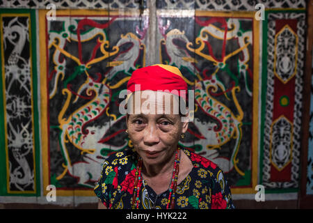 Ritratto di una donna in uno sfondo di pittura tradizionale parete all'interno di Bali Gundi Longhouse a Sibau Hulu, Kapuas Hulu, Kalimantan occidentale, Indonesia. Foto Stock