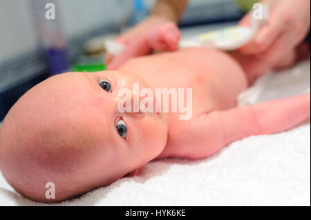 La mamma mette un pannolino sul baby Foto Stock