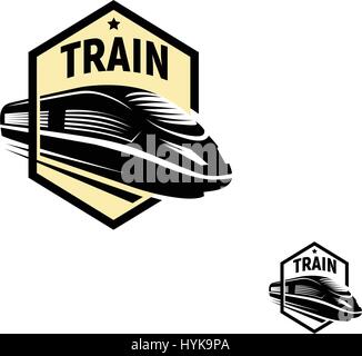 Abstract isolato di colore nero in treno in piazza logo su sfondo bianco, monocromatico moderno trasporto ferroviario logotipo, railroad elemento in stile di incisione illustrazione vettoriale Illustrazione Vettoriale