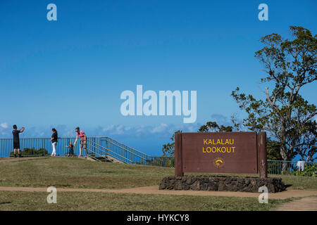 Kalalau Lookout segno, Koke"e del Parco Statale di Kauai, Hawaii, STATI UNITI D'AMERICA Foto Stock