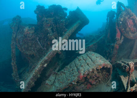 Foto sorprendenti hanno rivelato il tesoro di diversi milioni di dollari americani attrezzature militari che giace sul fondo dell'Oceano Pacifico. Le immagini che mostrano i turisti ad esplorare le rovine, evidenziare la misura dei rifiuti dopo aver provocato il US Navy oggetto di dumping le loro attrezzature nell'oceano dopo la fine della Seconda Guerra Mondiale in un luogo che è diventato il ben noto come "Million Dollar Point". Gli americani erano state utilizzando Espiritu Santo in paradiso l'isola di Vanuatu come base per lanciare i loro attacchi contro i giapponesi nel Pacifico e dopo non essere riuscito a giungere ad un accordo per la vendita di apparecchiature a Foto Stock