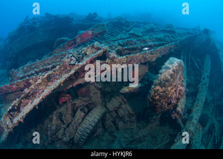 Foto sorprendenti hanno rivelato il tesoro di diversi milioni di dollari americani attrezzature militari che giace sul fondo dell'Oceano Pacifico. Le immagini che mostrano i turisti ad esplorare le rovine, evidenziare la misura dei rifiuti dopo aver provocato il US Navy oggetto di dumping le loro attrezzature nell'oceano dopo la fine della Seconda Guerra Mondiale in un luogo che è diventato il ben noto come "Million Dollar Point". Gli americani erano state utilizzando Espiritu Santo in paradiso l'isola di Vanuatu come base per lanciare i loro attacchi contro i giapponesi nel Pacifico e dopo non essere riuscito a giungere ad un accordo per la vendita di apparecchiature a Foto Stock