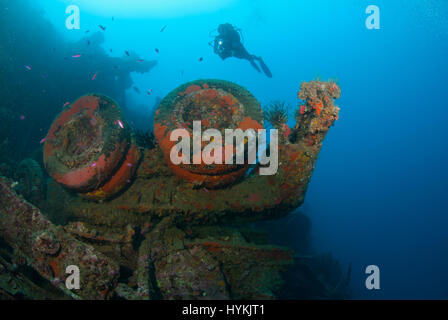 Foto sorprendenti hanno rivelato il tesoro di diversi milioni di dollari americani attrezzature militari che giace sul fondo dell'Oceano Pacifico. Le immagini che mostrano i turisti ad esplorare le rovine, evidenziare la misura dei rifiuti dopo aver provocato il US Navy oggetto di dumping le loro attrezzature nell'oceano dopo la fine della Seconda Guerra Mondiale in un luogo che è diventato il ben noto come "Million Dollar Point". Gli americani erano state utilizzando Espiritu Santo in paradiso l'isola di Vanuatu come base per lanciare i loro attacchi contro i giapponesi nel Pacifico e dopo non essere riuscito a giungere ad un accordo per la vendita di apparecchiature a Foto Stock