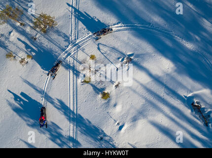 Motoslitte, Lapponia, Svezia. Drone fotografia Foto Stock