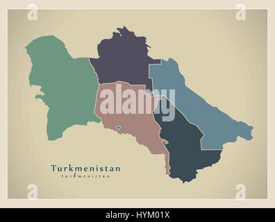 Mappa moderno - Turkmenistan con province TM politico Illustrazione Vettoriale