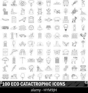 100 eco catastrofico set di icone di stile di contorno Illustrazione Vettoriale