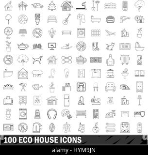 100 eco house set di icone di stile di contorno Illustrazione Vettoriale