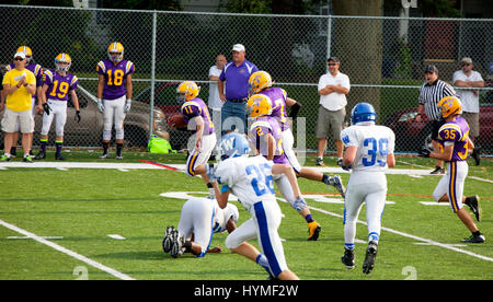 Alta scuola calcio giocatore corre dall opposizione lungo il margine. Cretin-Derham Hall (viola) VS Woodbury. St Paul Minnesota MN USA Foto Stock