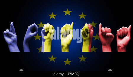 La Romania segno dipinto a mano con bandiera rumena oltre l'Unione europea bandiera nera Foto Stock