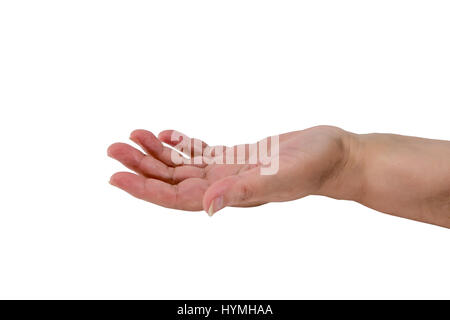 Senior della donna a mano alams isolato su bianco Foto Stock