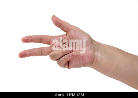 Senior della donna a mano alams isolato su bianco Foto Stock