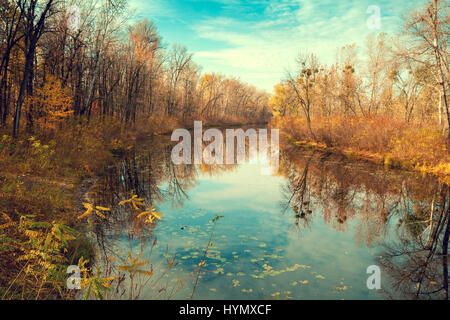 Paesaggio autunnale. Alberi senza foglie lungo il fiume calmo con la riflessione Foto Stock