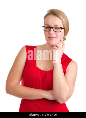 Close up ritratto di una giovane donna pensando isolato su bianco Foto Stock