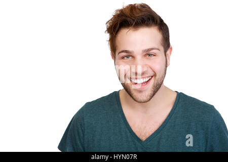 Close up ritratto di un bel giovane uomo sorridente isolato su sfondo bianco Foto Stock