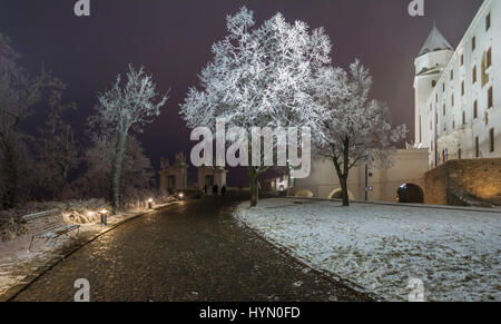 Il castello di Bratislava in un inverno nevoso notte Foto Stock