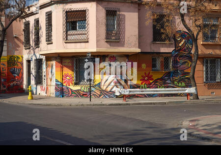 Colorati murali decorare le strade del Barrio Yungay a Santiago, capitale del Cile Foto Stock