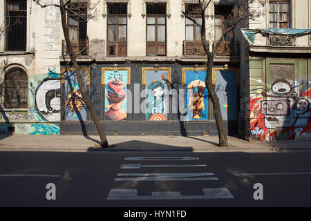 Colorati murali decorare le strade del Barrio Yungay a Santiago, capitale del Cile Foto Stock