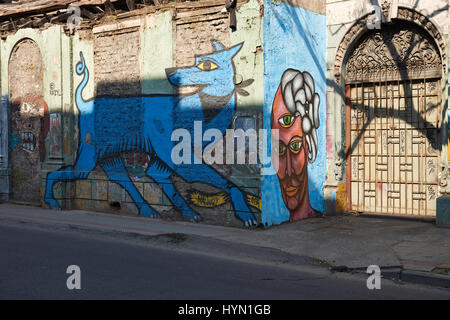 Colorati murali decorare le strade del Barrio Yungay a Santiago, capitale del Cile Foto Stock