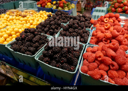 Scatole di more, lamponi e frutti di bosco d'oro per la vendita nell'Isola di Granville Mercato Pubblico, Vancouver, British Columbia, Canada Foto Stock