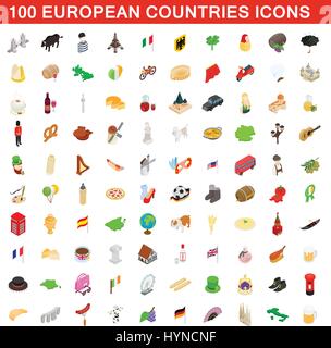 100 paesi europei set di icone, stile isometrico Illustrazione Vettoriale