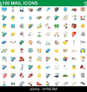 100 icone di posta elettronica impostare, stile cartoon Illustrazione Vettoriale
