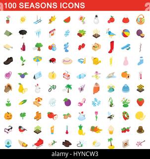 100 stagioni set di icone isometrica 3d style Illustrazione Vettoriale