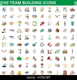 100 team building set di icone, stile cartoon Illustrazione Vettoriale