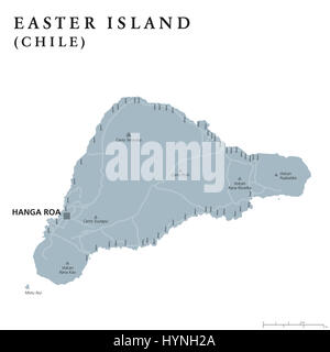 Isola di Pasqua mappa politico con capitale Hanga Roa, strade e monumentali statue Moai. Isola cilena nel sud-est dell'Oceano Pacifico. Foto Stock