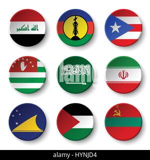 Set di bandiere del mondo badge rotonda ( l Iraq . Nuova Caledonia . Puerto Rico . Abkhazia . Arabia Saudita . Iran . Tokelau . Palestina . Transnistria ) Illustrazione Vettoriale