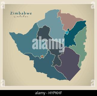 Mappa moderno - Zimbabwe con province ZW colorati Illustrazione Vettoriale