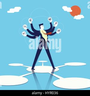 Il multitasking business concetto illustrazione, executive imprenditore uomo giocolare con più abilità sul lavoro e i modi per prendere. Appartamento moderno art design per mult Illustrazione Vettoriale
