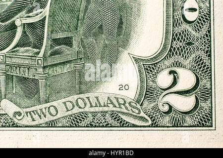 Primo piano della parte posteriore di un due dollari. Foto Stock